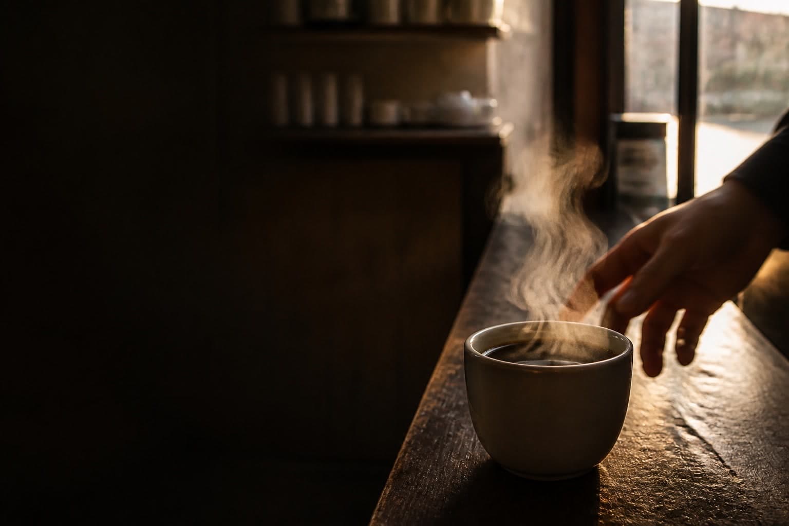 淹れたてのコーヒーから湯気が立ちのぼる、朝の逆光のテーブル